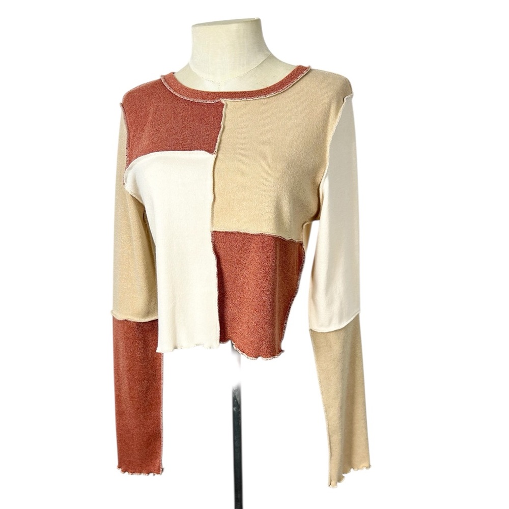 She + Sky cropped long sleeve ribber top patcheork exposed seams size Large NWT